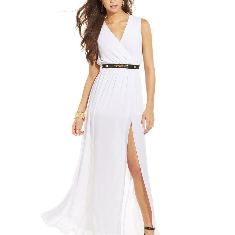 White Maxi Dress Sexy High Slit Surplice Neck XOXO